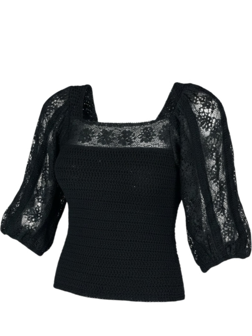 Sonia Handmade Black Crochet Lace Balloon Sleeve Top Vintage Boho Dark Academia